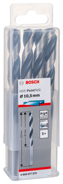 BOSCH Metallspiralbohrer HSS PointTeQ, DIN 338, 10,5 mm, 5er-Pack