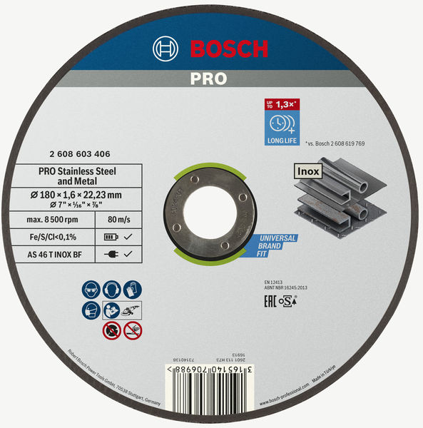 BOSCH PRO Stainless Steel and Metal Trennscheibe, 180 x 1.6 x 22.23 mm, gerade, oSa BOSCH PRO Stainless Steel and Metal Trennscheibe, 180 x 1.6 x 22.23 mm, gerade, oSa