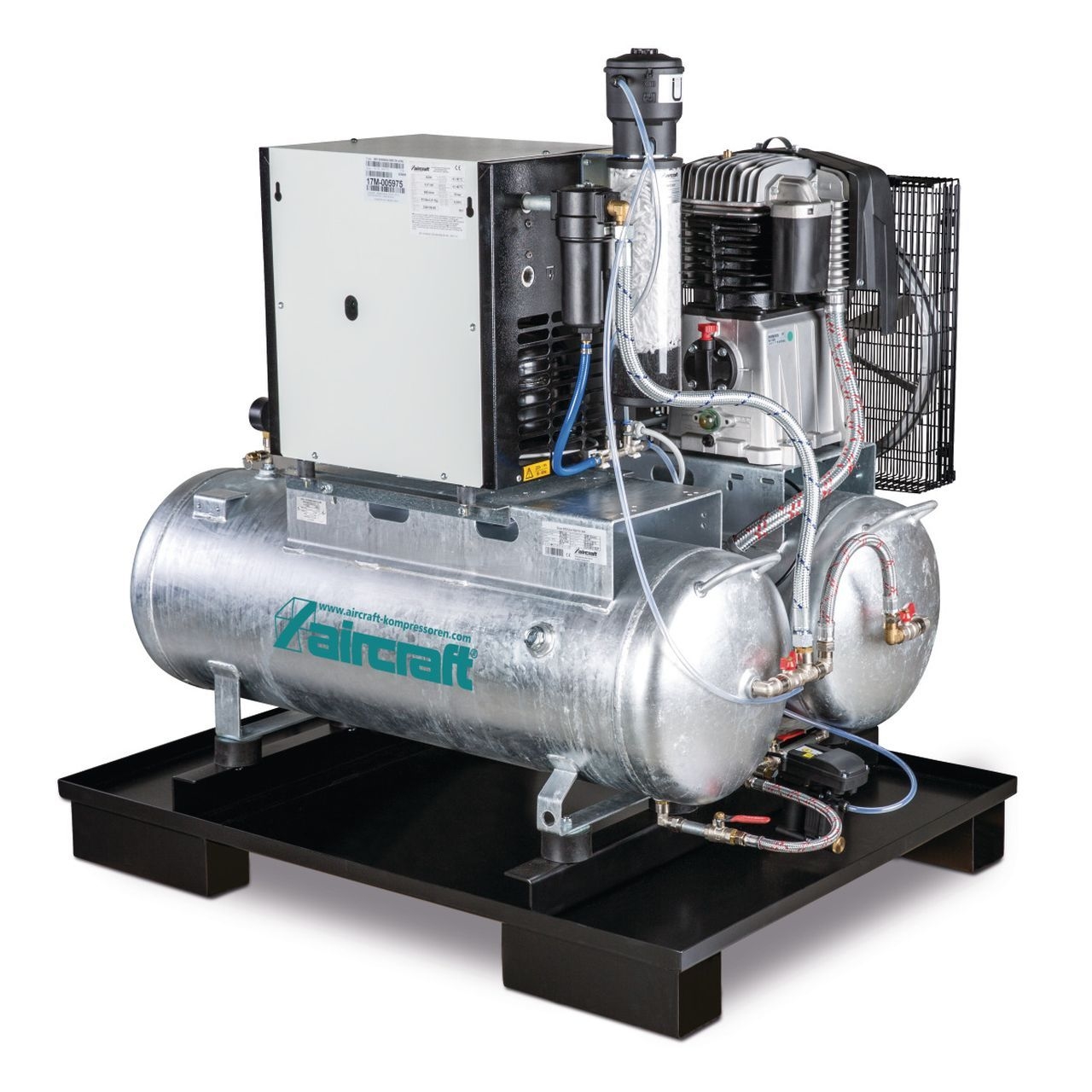 AIRCRAFT Stationärer Kolbenkompressor mit 2x 100 Liter-Druckluftbehältern, Kältetrockner, Feinfilter, Kondensatableiter- und aufbereiter AIRPROFI DUO 853/2x100/10 KK AIRCRAFT Stationärer Kolbenkompressor mit 2x 100 Liter-Druckluftbehältern, Kältetrockner, Feinfilter, Kondensatableiter- und aufbereiter AIRPROFI DUO 853/2x100/10 KK