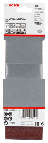 BOSCH PRO X440 Schleifband, 75 x 533 mm, G40, 3-tlg. BOSCH PRO X440 Schleifband, 75 x 533 mm, G40, 3-tlg.