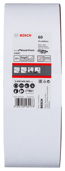 BOSCH Schleifband-Set X440 Best for Wood and Paint, 10-teilig, 75 x 533 mm, K60 BOSCH Schleifband-Set X440 Best for Wood and Paint, 10-teilig, 75 x 533 mm, K60