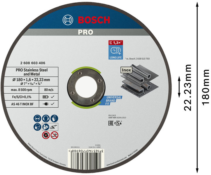 BOSCH PRO Stainless Steel and Metal Trennscheibe, 180 x 1.6 x 22.23 mm, gerade, oSa BOSCH PRO Stainless Steel and Metal Trennscheibe, 180 x 1.6 x 22.23 mm, gerade, oSa