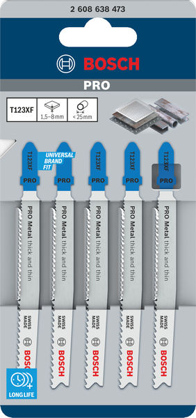 BOSCH PRO Metal thick and thin T123XF Stichsägeblatt, 100 mm, 5-tlg. BOSCH PRO Metal thick and thin T123XF Stichsägeblatt, 100 mm, 5-tlg.