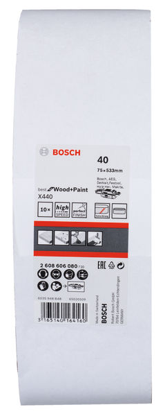 BOSCH Schleifband-Set X440 Best for Wood and Paint, 10-teilig, 75 x 533 mm, K40 BOSCH Schleifband-Set X440 Best for Wood and Paint, 10-teilig, 75 x 533 mm, K40