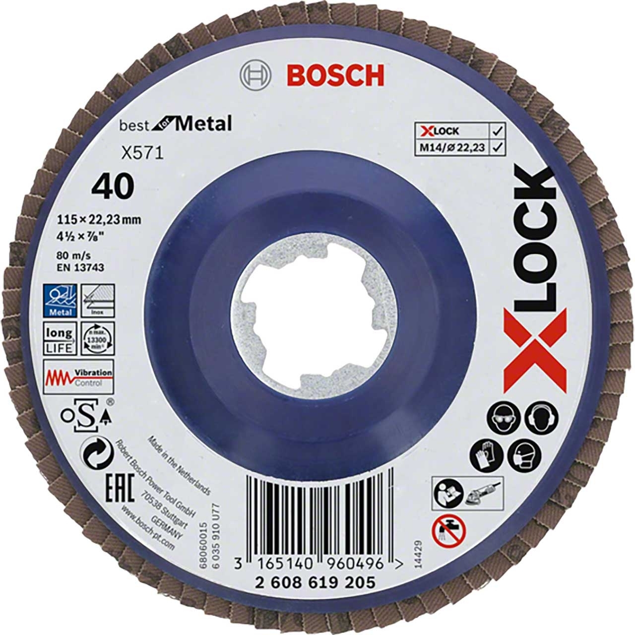 BOSCH X-LOCK Fächerschleifscheibe, gerade Ausführung, Kunststofftragplatte, Ø115 mm, K 40, X571, Best for Metal, 1 Stück BOSCH X-LOCK Fächerschleifscheibe, gerade Ausführung, Kunststofftragplatte, Ø115 mm, K 40, X571, Best for Metal, 1 Stück
