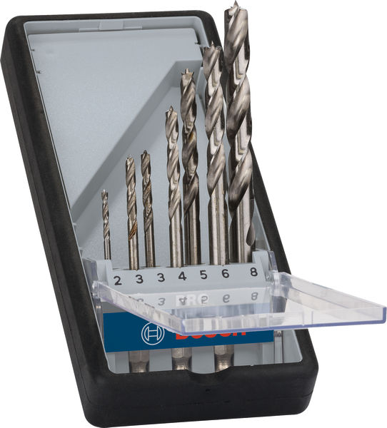BOSCH 7-teiliges Holzspiralbohrer-Set, Robust Line, Sechskantschaft, 2–8 mm BOSCH 7-teiliges Holzspiralbohrer-Set, Robust Line, Sechskantschaft, 2–8 mm