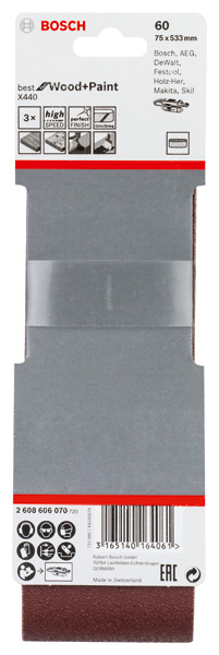 BOSCH PRO X440 Schleifband, 75 x 533 mm, 60, 3-tlg. BOSCH PRO X440 Schleifband, 75 x 533 mm, 60, 3-tlg.