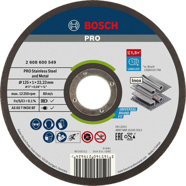BOSCH PRO Stainless Steel and Metal Trennscheibe, 125 x 1 x 22,23 mm BOSCH PRO Stainless Steel and Metal Trennscheibe, 125 x 1 x 22,23 mm