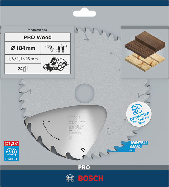 BOSCH PRO Wood cordless Kreissägeblatt, 184 x 1,6 x 16 mm, T24 BOSCH PRO Wood cordless Kreissägeblatt, 184 x 1,6 x 16 mm, T24