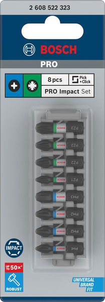 BOSCH PRO Impact Schrauberbit-Set, PH1/PH2/PH3/PZ1/PZ2/PZ3, 25 mm, 8-tlg BOSCH PRO Impact Schrauberbit-Set, PH1/PH2/PH3/PZ1/PZ2/PZ3, 25 mm, 8-tlg