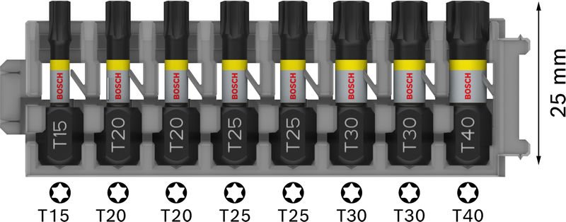 BOSCH PRO Torx Impact Bit Set, T15; T20(x2); T25(x2); T30(x2); T40, 25 mm, 8-tlg. BOSCH PRO Torx Impact Bit Set, T15; T20(x2); T25(x2); T30(x2); T40, 25 mm, 8-tlg.