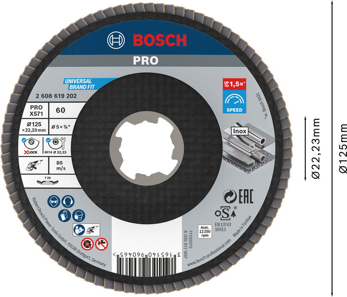 BOSCH X-LOCK Fächerschleifscheibe, X571, Best for Metal, abgewinkelt Ø125 mm K 60 BOSCH X-LOCK Fächerschleifscheibe, X571, Best for Metal, abgewinkelt Ø125 mm K 60
