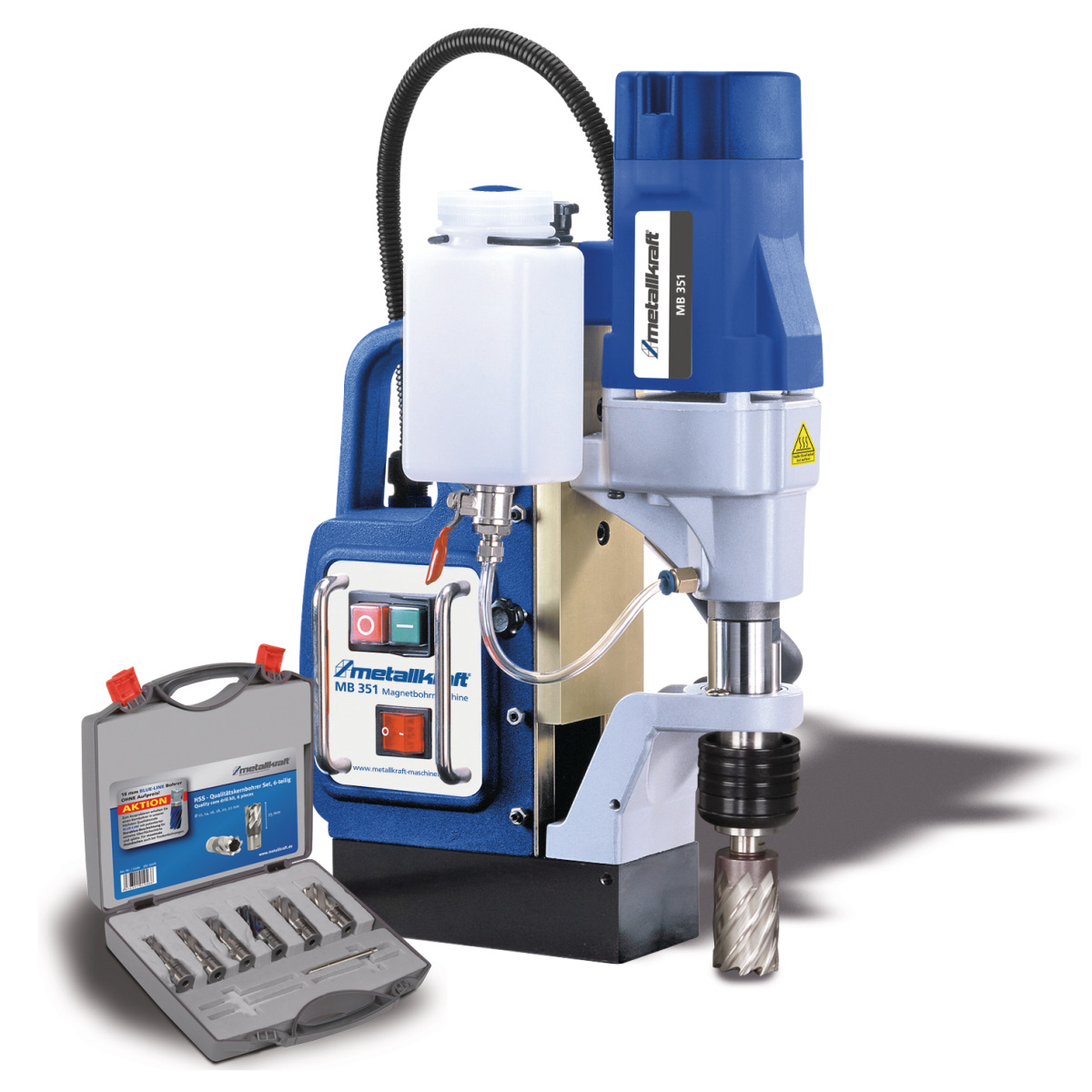 METALLKRAFT Magnetkernbohrmaschine mit Aktionsbeigabe 6-teiliges Kernbohrer-Set MB 351 Aktions-Set
