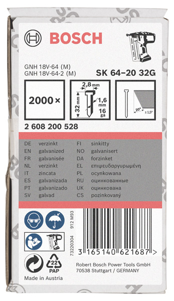 BOSCH Senkkopf-Stift SK64 20G 32mm, verzinkt BOSCH Senkkopf-Stift SK64 20G 32mm, verzinkt