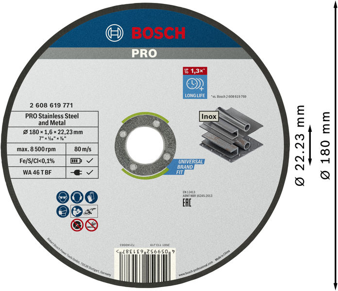 BOSCH PRO Stainless Steel and Metal Trennscheibe, 180 x 1.6 x 22.23 mm, gerade BOSCH PRO Stainless Steel and Metal Trennscheibe, 180 x 1.6 x 22.23 mm, gerade