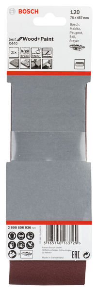 BOSCH PRO X440 Schleifband, 75 x 457 mm, G120, 3-tlg. BOSCH PRO X440 Schleifband, 75 x 457 mm, G120, 3-tlg.