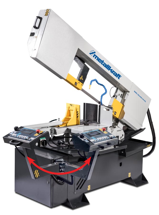 METALLKRAFT Halbautomatische Schwenkrahmen-Metallbandsäge für Gehrungsschnitte von +60° bis -60° mit Frequenzumrichter BMBS 360 x 500 HA-DG