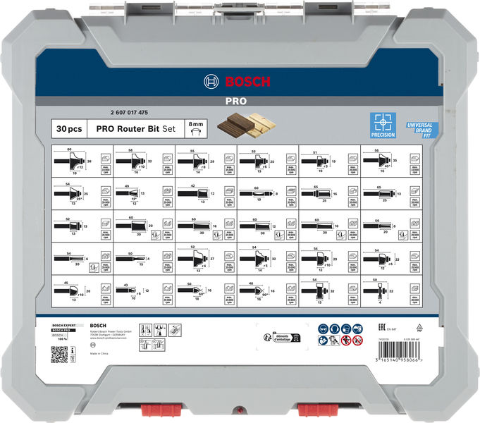 BOSCH 30 tlg Mixed Fräser Set 8mm Schaft BOSCH 30 tlg Mixed Fräser Set 8mm Schaft