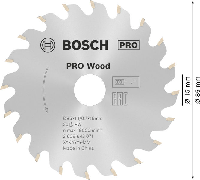 BOSCH PRO Wood Kreissägeblatt, 85 x 1,1 x 15 mm BOSCH PRO Wood Kreissägeblatt, 85 x 1,1 x 15 mm