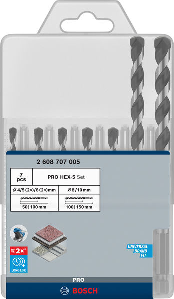 BOSCH PRO HEX-5 Bohrer-Set, 4x100, 5x100, 5x100, 6x100, 6x100, 8x150, 10x150 mm,7-tlg. BOSCH PRO HEX-5 Bohrer-Set, 4x100, 5x100, 5x100, 6x100, 6x100, 8x150, 10x150 mm,7-tlg.