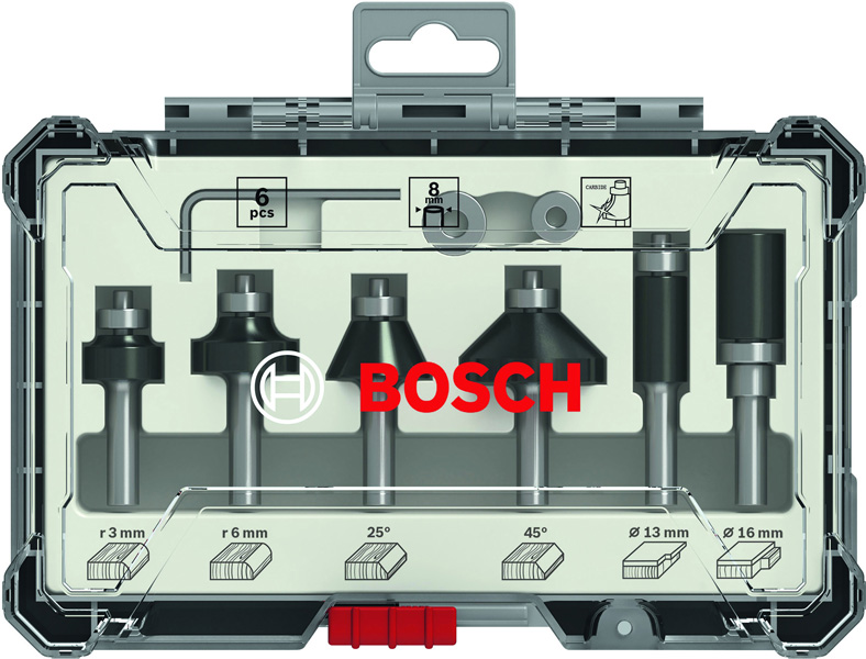 BOSCH 6-teiliges Rand- und Kantenfräser-Set, 8-mm-Schaft BOSCH 6-teiliges Rand- und Kantenfräser-Set, 8-mm-Schaft