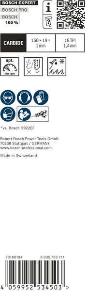 BOSCH EXPERT ‘Thin Tough Metal’ S 922 EHM Säbelsägeblatt, 1 Stück BOSCH EXPERT ‘Thin Tough Metal’ S 922 EHM Säbelsägeblatt, 1 Stück