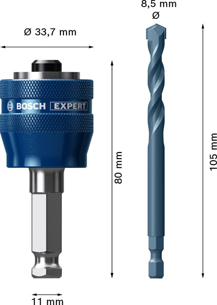 BOSCH EXPERT Power Change Plus Aufsteckhalter, 11 mm, TCT Bohrer, 8,5 x 105 mm, 2-tlg. BOSCH EXPERT Power Change Plus Aufsteckhalter, 11 mm, TCT Bohrer, 8,5 x 105 mm, 2-tlg.