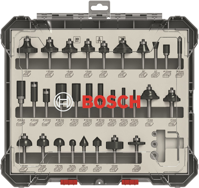 BOSCH 30 tlg Mixed Fräser Set 6mm Schaft BOSCH 30 tlg Mixed Fräser Set 6mm Schaft